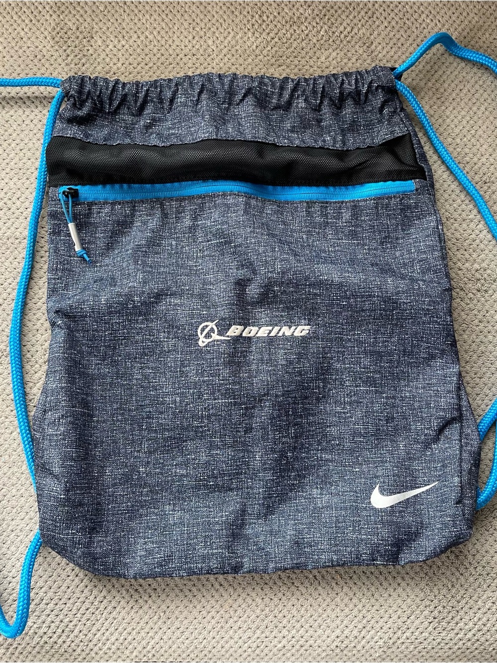 Nike BOEING Airplane Drawstring Bag Backpack Blue Travel Foldable Aviation Gym